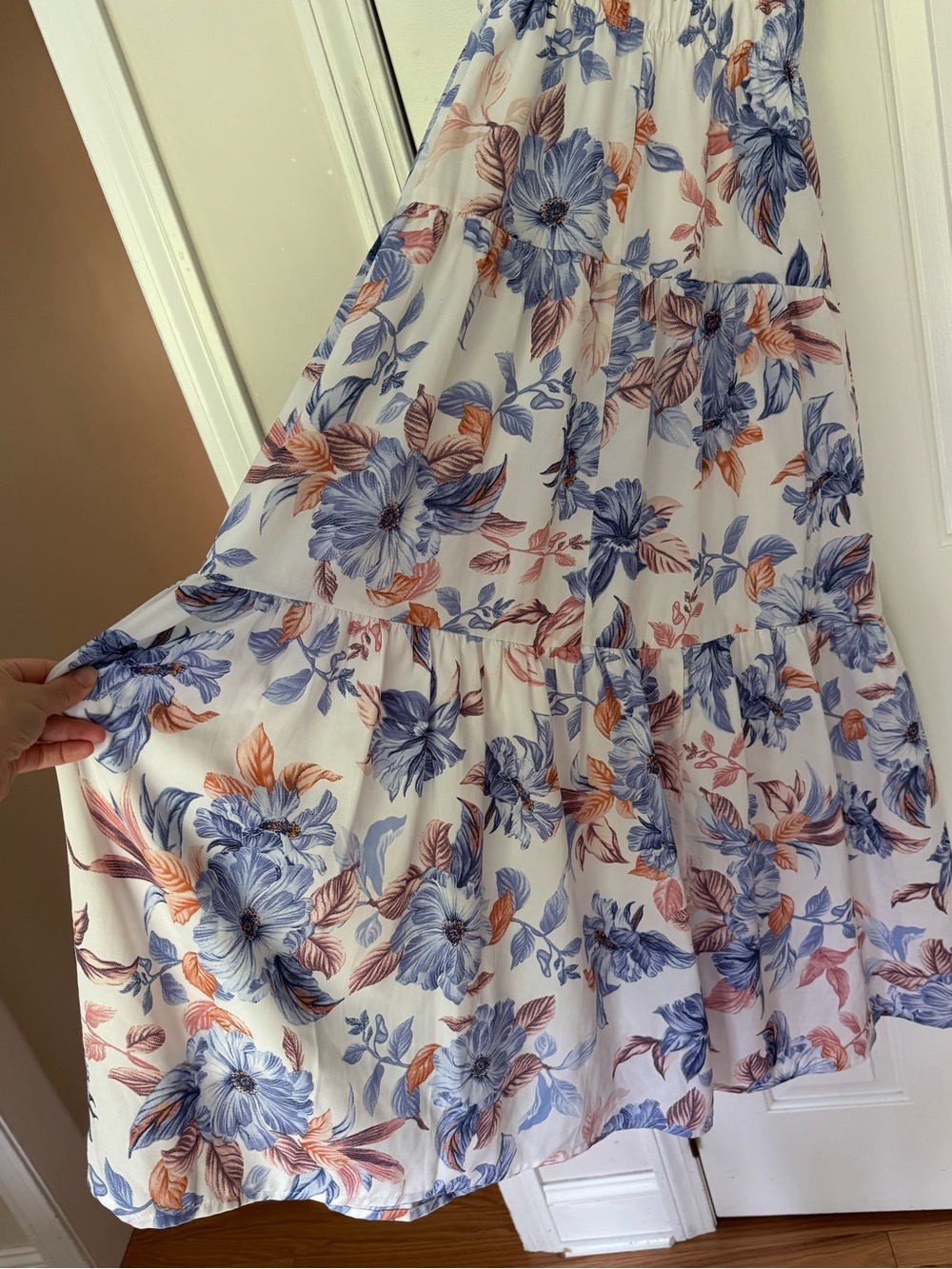 Floral Halter Maxi Dress in White with Blue & Coral Print - Picture 5 of 5